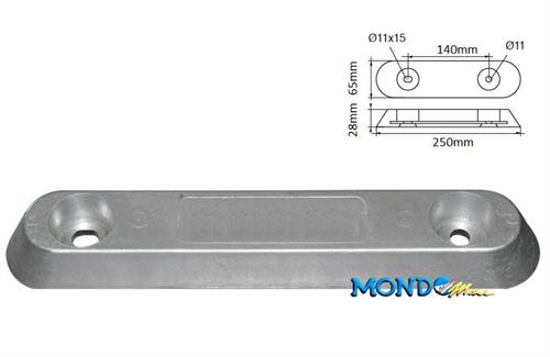 ANODO PIASTRA VETUS 2,40kg 250x65mm h28mmINTER.140mm ZINCONC022§