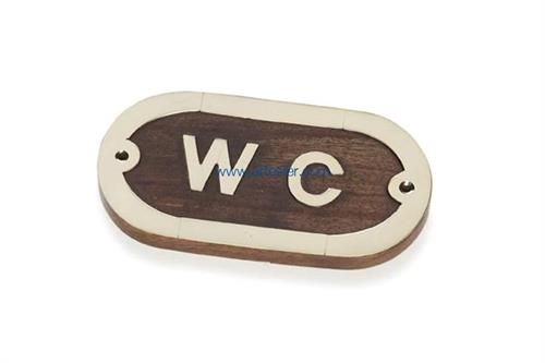 PLACCA DECORATIVA IN LEGNO ED OTTONE MOTIVO WC 10x5x1cm §